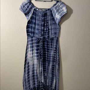 Blue and White Ruched Maxi Dress with Cap Raglan Sleeves